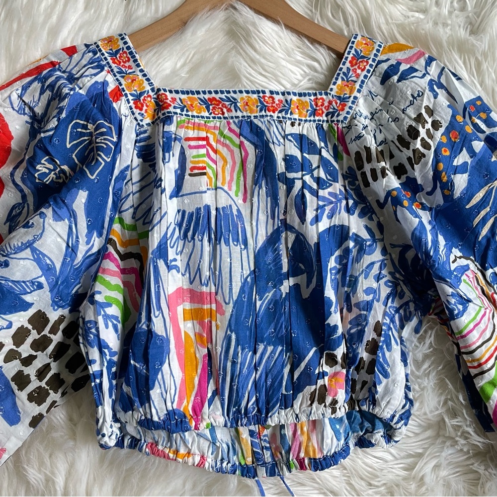 Farm Rio Wild Brazil Cotton Crop Top Drawstring Button Front Multicolor NWT XS - Picture 14 of 16